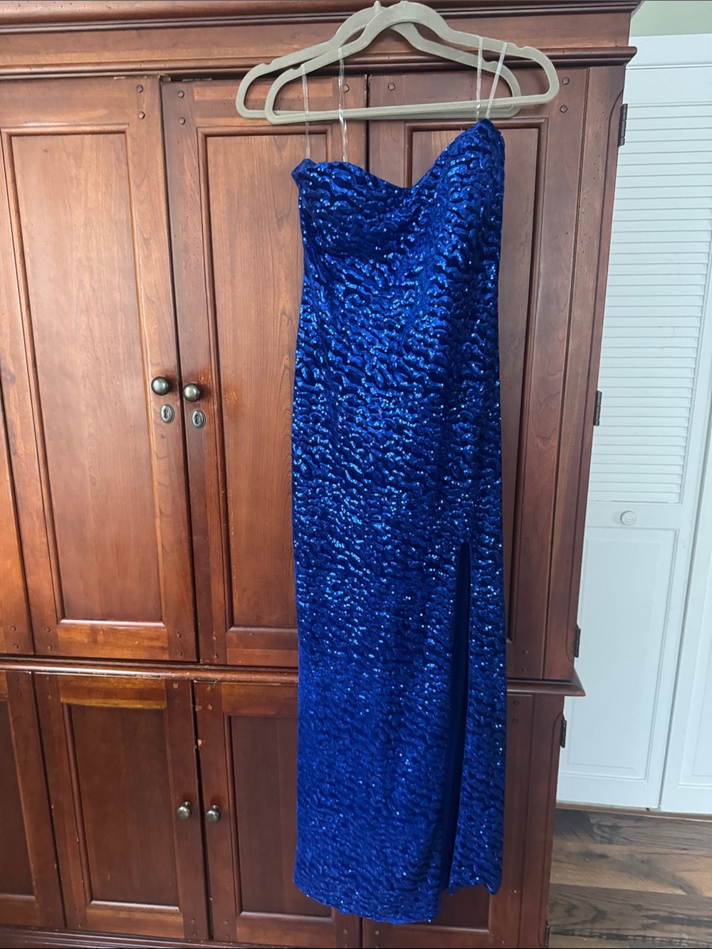 Pear Culture Strapless Royal Blue Sequin Gown with Side Slit